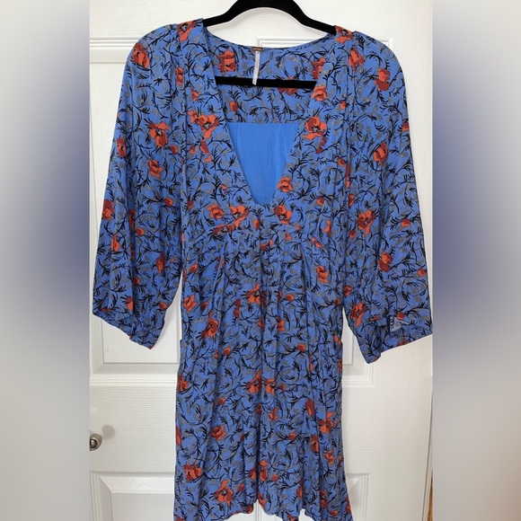 Maeve Tops - Free People Floral V Neck 3/4 Length Sleeve Mini Dress Small